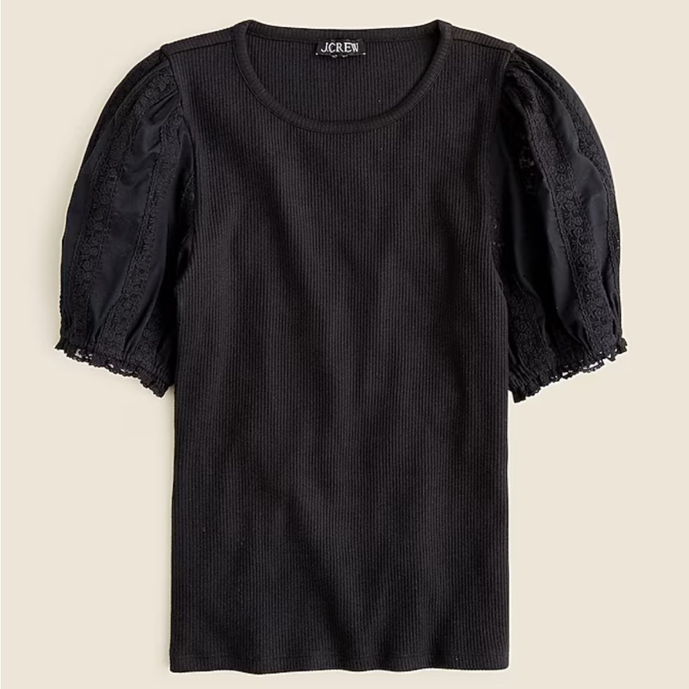 J. Crew Women’s Vintage Rib Top with Lace Puff Sleeves Size XS Color Black NWT